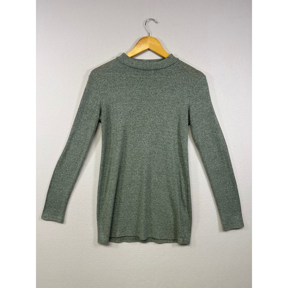 Minimalist Hello Miz Womens Medium Sage Green Mock Neck Ribbed Long Sleeve Top